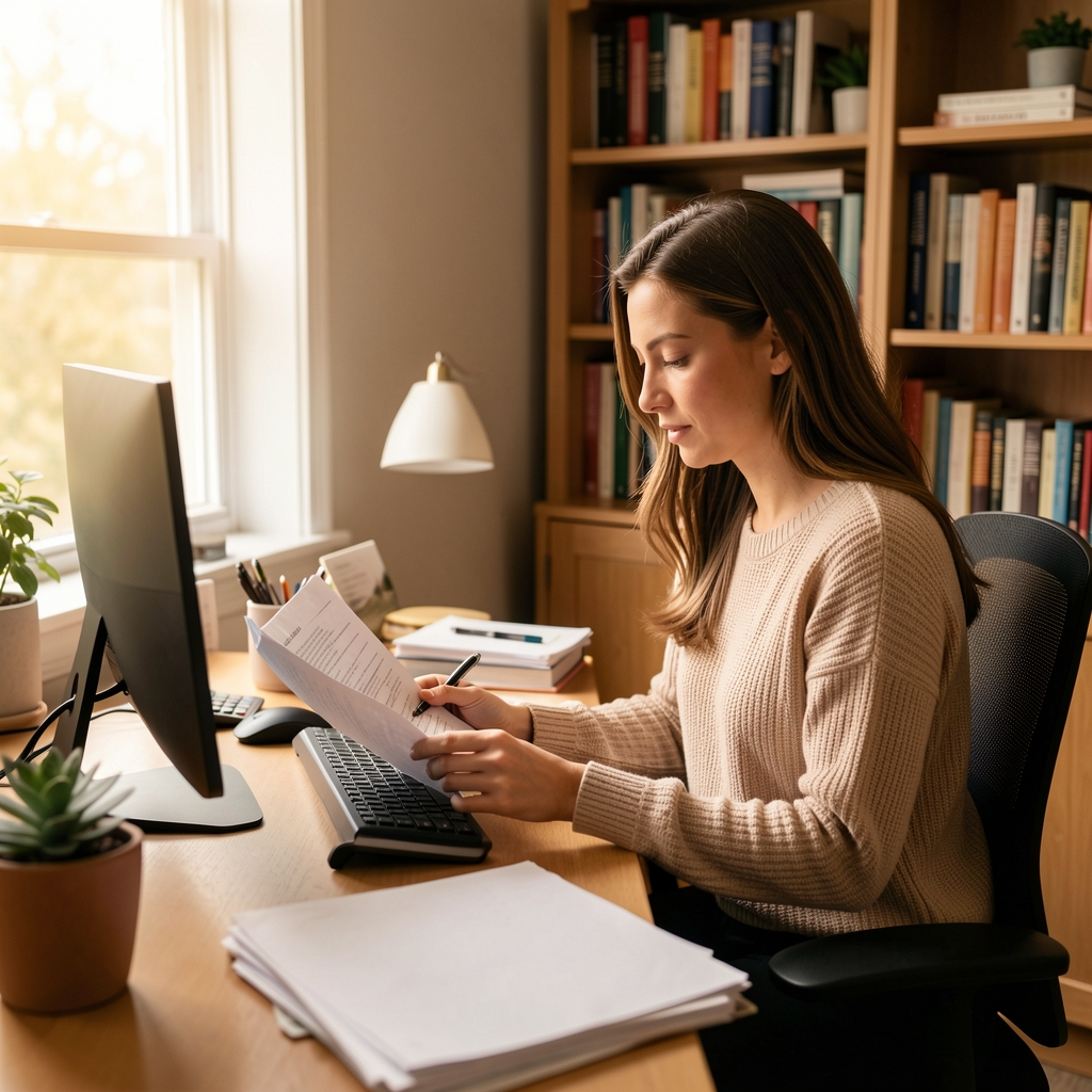 Woman at a computer workstation reviewing documents in a tidy home office with bookshelves in the background, photographed in warm natural light through a window