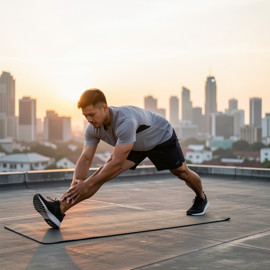 Man in athletic wear performing a morning stretching routine on a rooftop in Jakarta at sunrise, with the city skyline visible in soft background focus